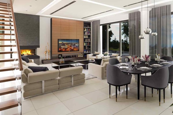 Modern living room with a double-height ceiling, a glass staircase, and a warm neutral color palette