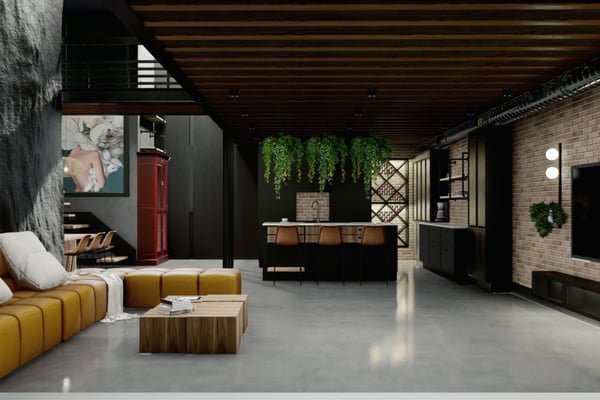 Corner view of a modern living room, featuring a textured accent wall, floor-to-ceiling windows, and neutral-toned furniture arranged for relaxation.