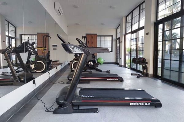 Weight training section with free weights, benches, and professional-grade gym equipment.