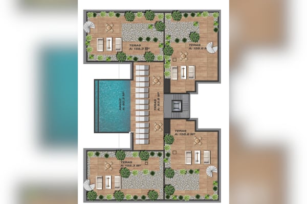 3D floor plan emphasizing outdoor amenities, including a terrace, pool area, and open lounge spaces for relaxation.