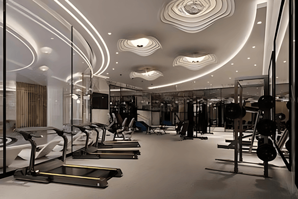 Cardio zone features mirrored walls and sculpted ceiling lights, blending form and function in a modern wellness suite.