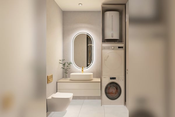 Modern bathroom with soft lighting and efficient design, featuring clean lines and practical elegance.