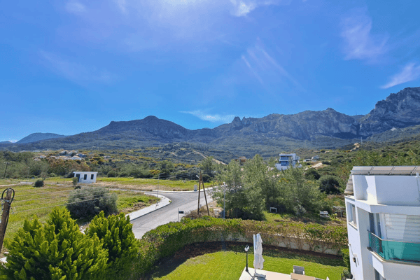 Mountain view panorama with lush greenery, emphasizing the serene environment around the property.