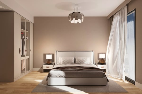 Cozy sleeping area with floor-to-ceiling window and ambient lighting promotes restful comfort in a unified studio layout.