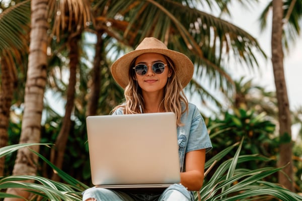 Illustration of digital nomads and retirees enjoying modern amenities, pristine beaches, and a relaxed lifestyle in North Cyprus. The image highlights the balance between professional opportunities, work-life integration, and tranquil living.