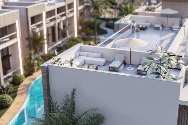Render highlighting the proximity of private terraces to pools, encouraging seamless indoor-outdoor living.