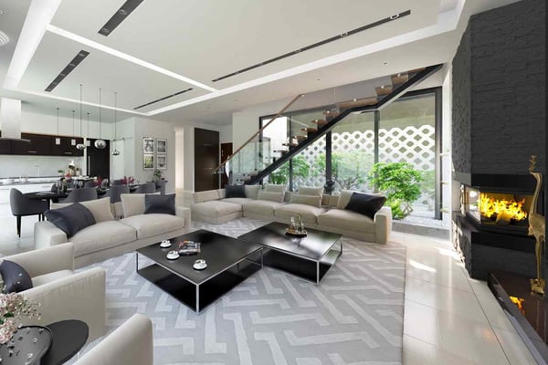 Spacious modern living room with a white and gray theme, open-floor layout, and decorative lighting