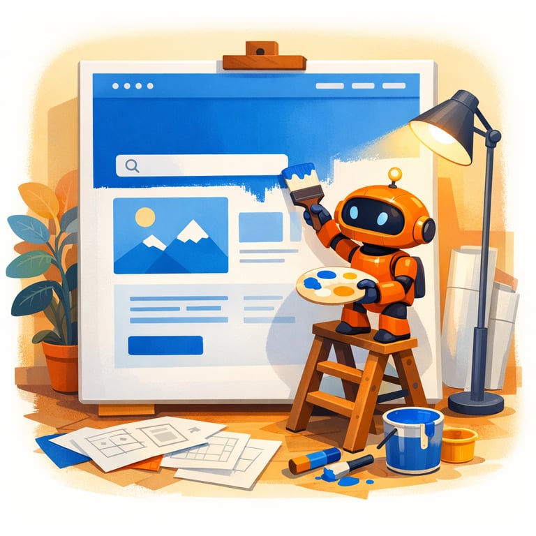 A bright editorial illustration of a tiny orange robot painting a blue website mockup on a giant canvas.