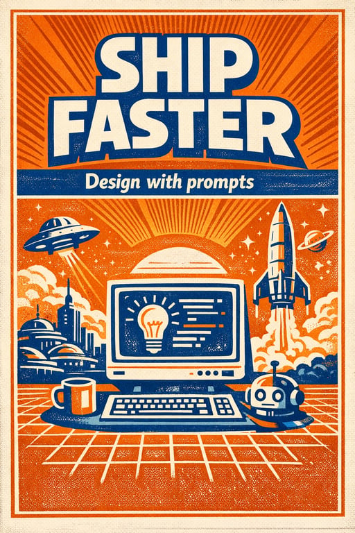 A retro-futuristic conference poster in orange and blue with the headline SHIP FASTER and the subheading Design with prompts.