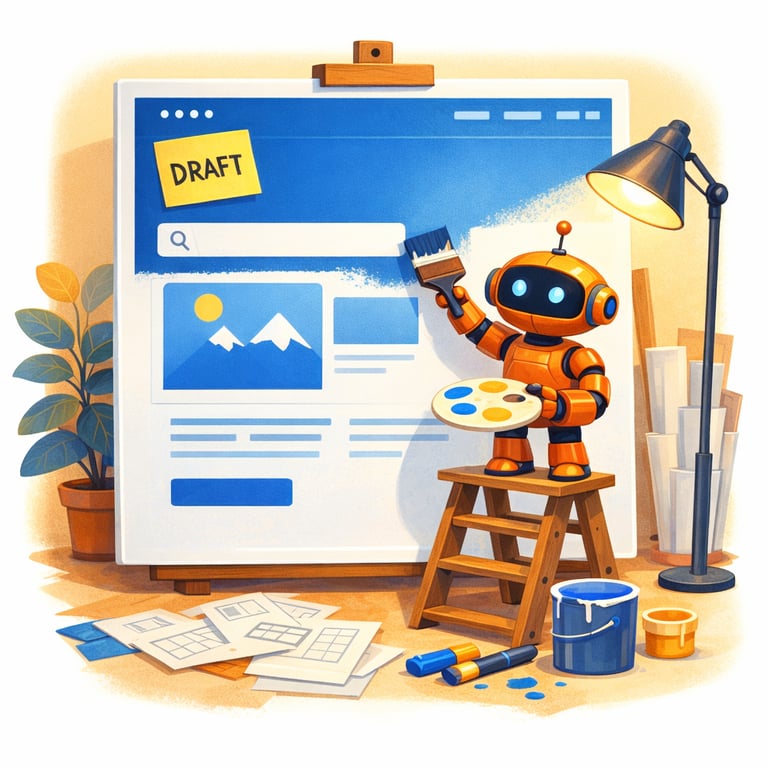The original robot website illustration edited to include a yellow sticky note with the word DRAFT.
