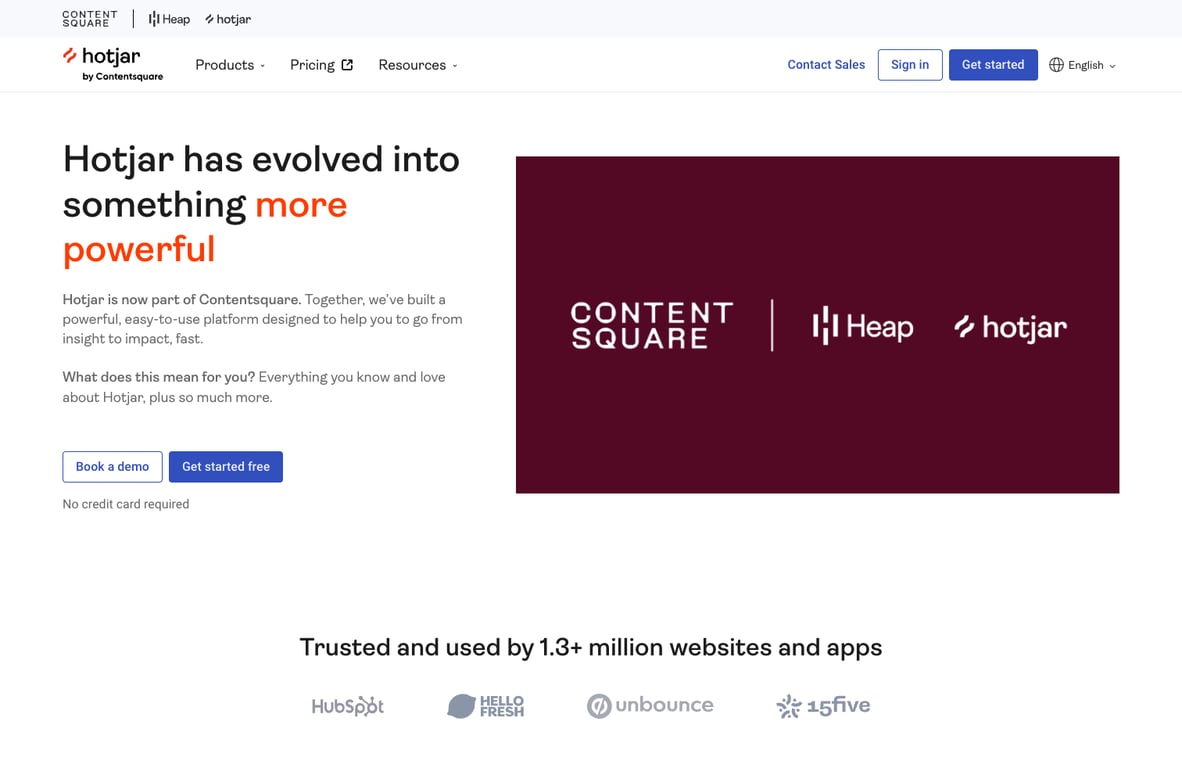 The Hotjar homepage showing its behavior analytics positioning after the Contentsquare merger.