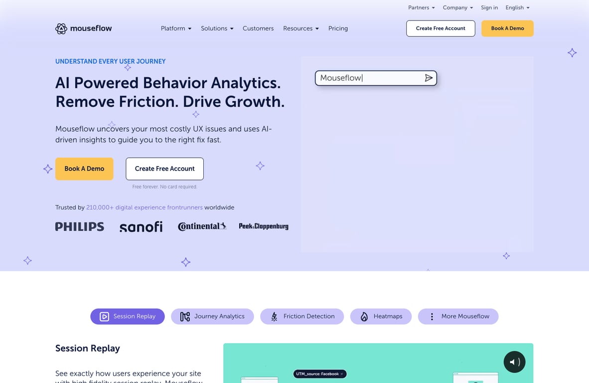 The Mouseflow homepage highlighting AI-powered behavior analytics and UX friction detection.