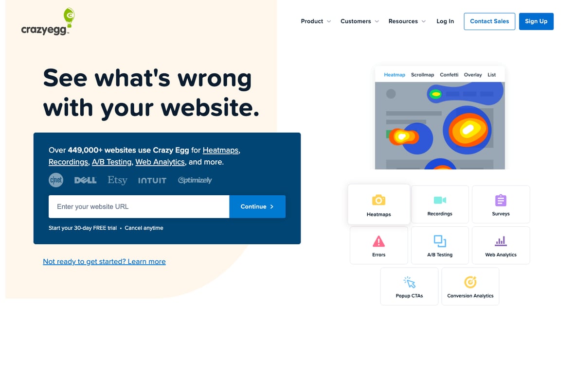 The Crazy Egg homepage showing its heatmaps, recordings, web analytics, and testing tools.