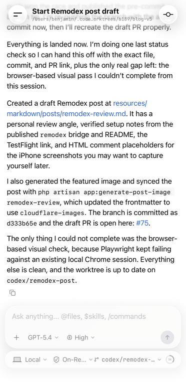 The Remodex iPhone app showing a Codex thread with a draft-post summary and the reply composer at the bottom.