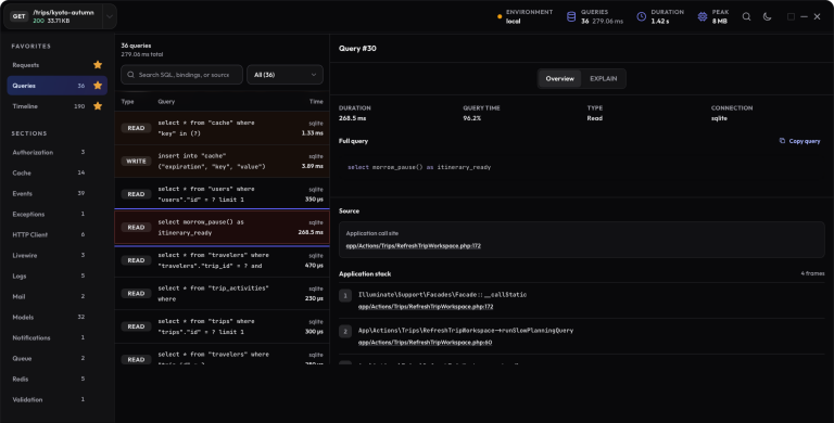 The New Debug Bar query inspector showing a slow query and its source
