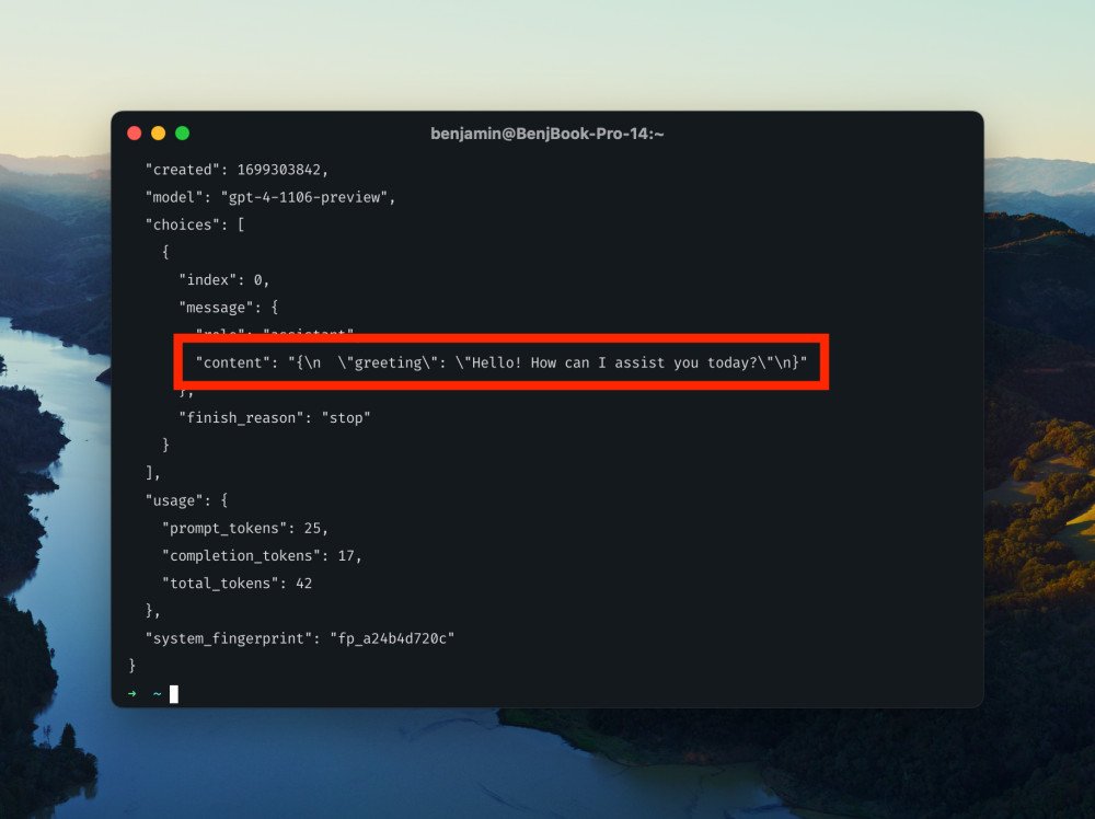 GPT-4 Turbo’s JSON mode in action.