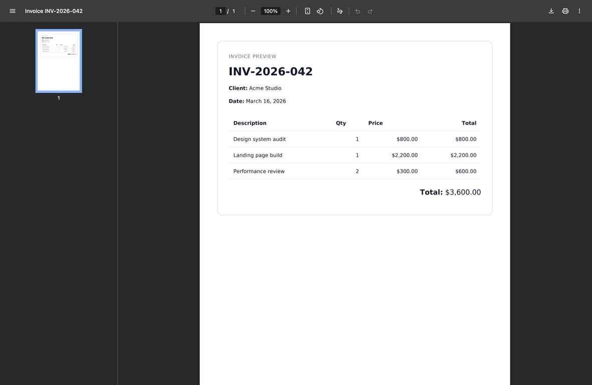 Streamed invoice PDF generated with Laravel DomPDF in a browser preview