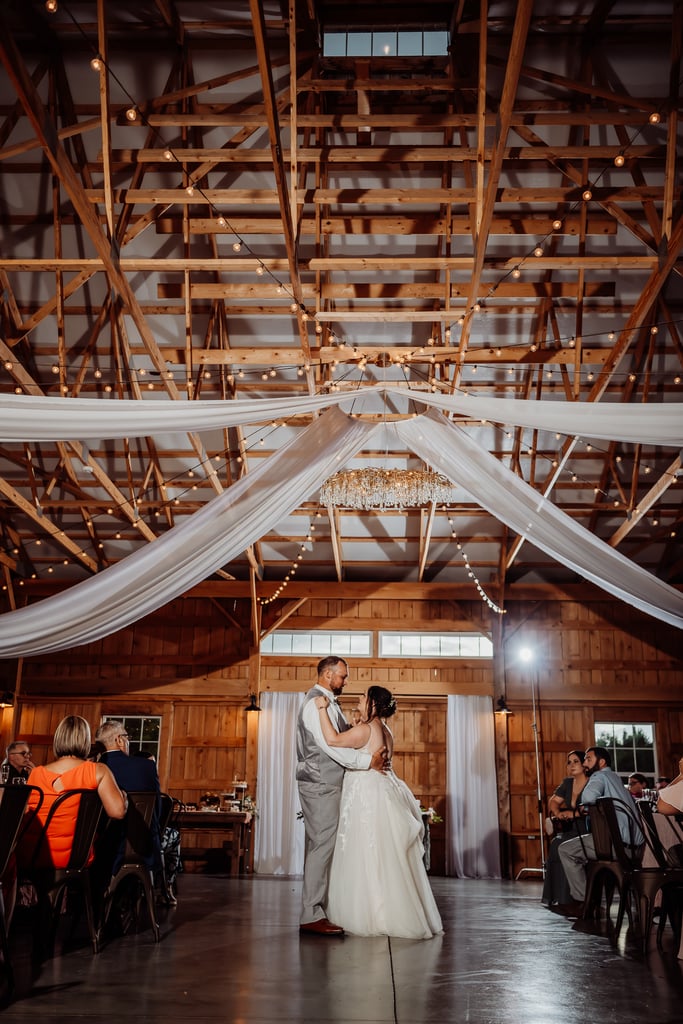 Bride and groom dancing at reception at sunset meadows in Bangor maine