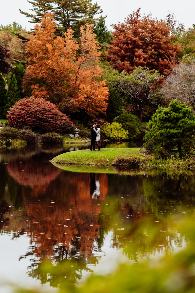 Bride and groom embracing on a lawn among a reflective pond