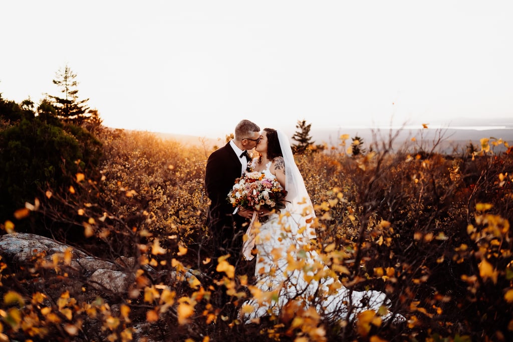 Bride and groom kissing behind foliage on cadillac mountain at sunset