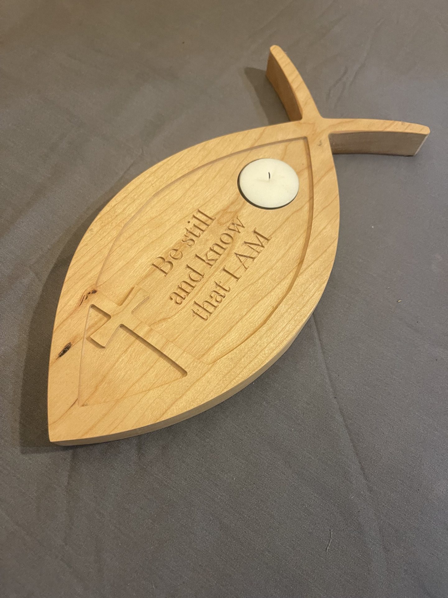 Wood Ichthys Fish Candle Holder