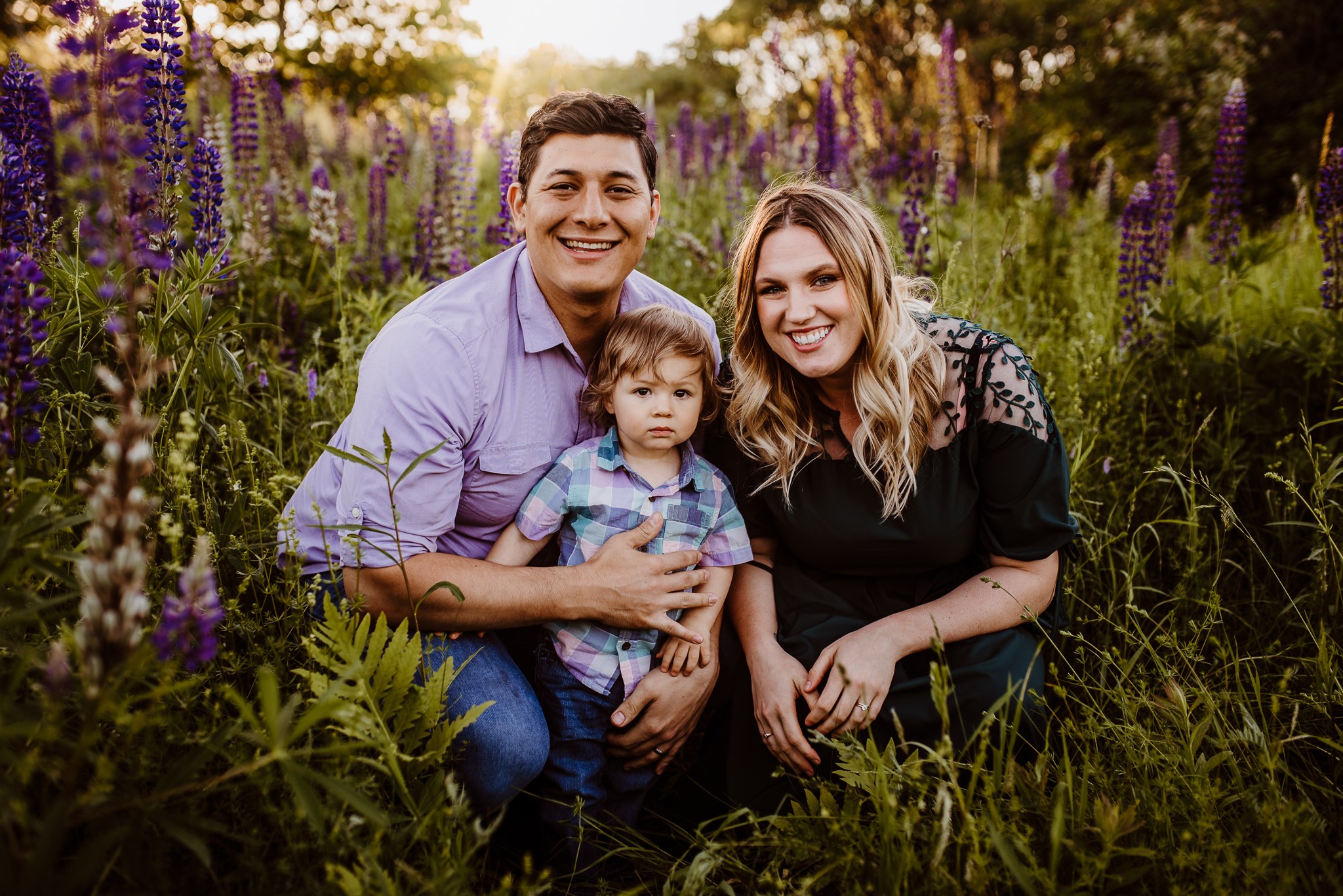 Lupine Photography Maine Family Sunset Dress Purple Boy Sun Flare