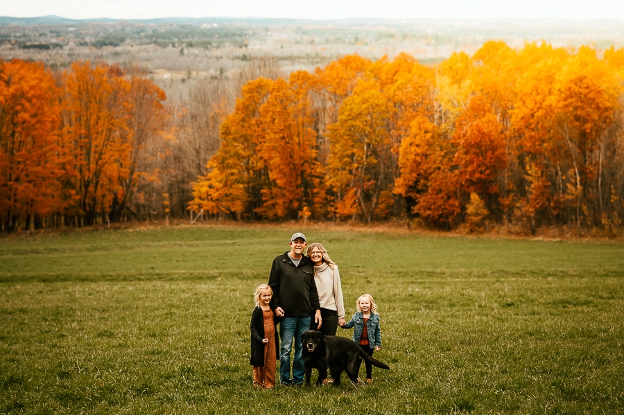 Family of 4 in field with orange trees