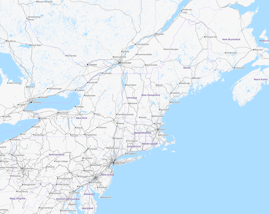 Road map of Northeast United States and Canada