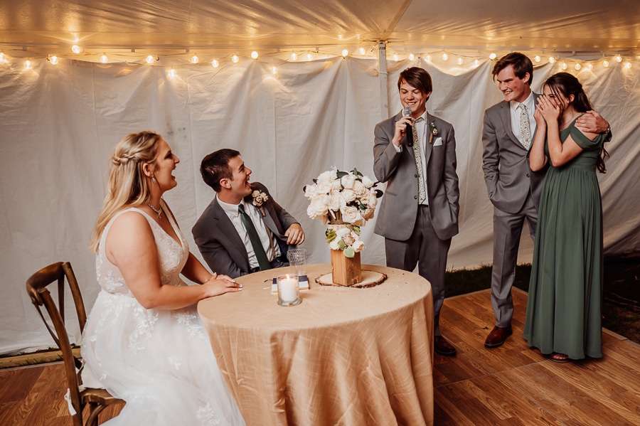 Best man at wedding giving emotional speech