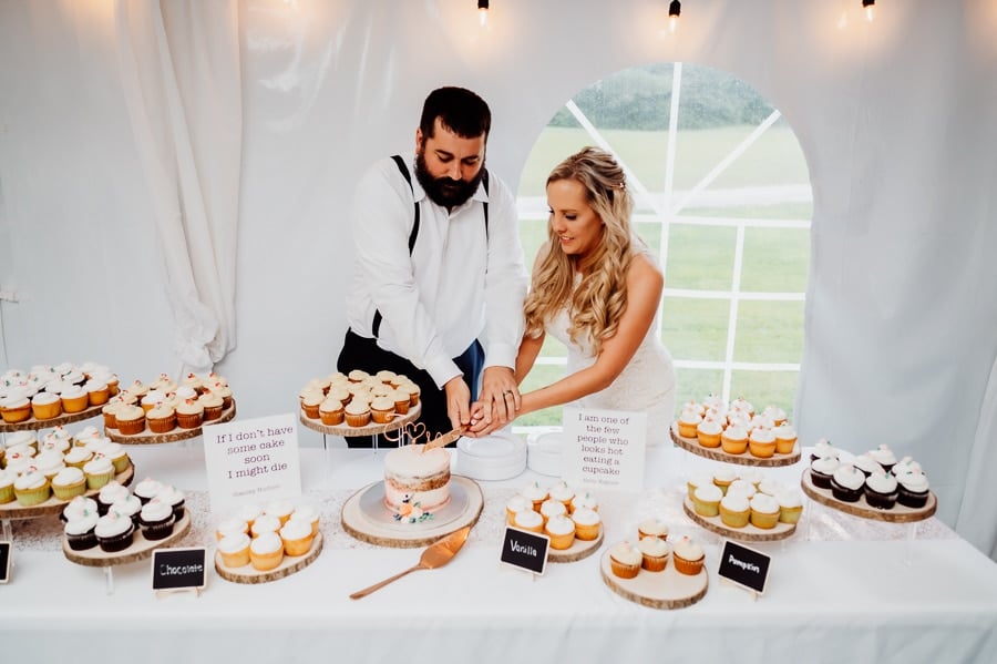 bride and groom cutting cake at wedding