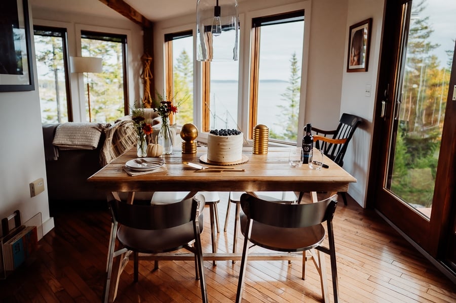 Kitchen table in machiasport airbnb with wedding cake