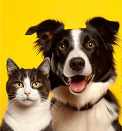 Cat and dog together with happy expressions on yellow backgroun