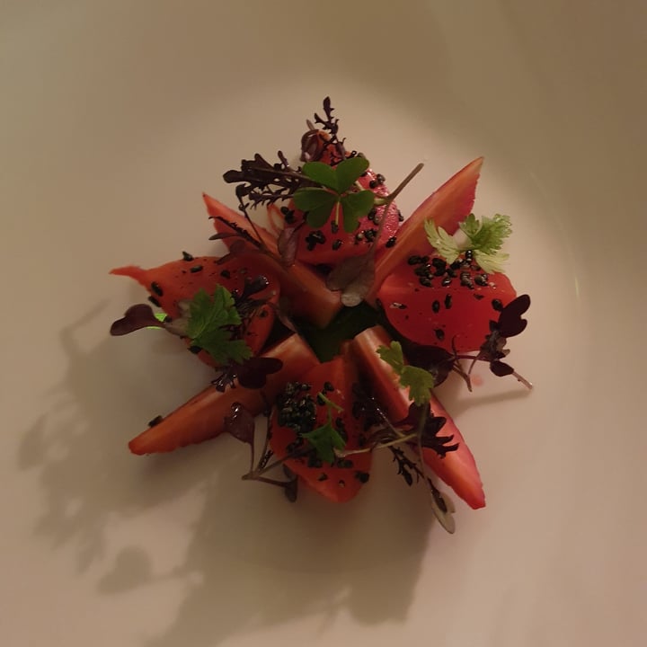 Kitchen Como, Italy Radishes with umeboshi sauce, strawberry, yogurt