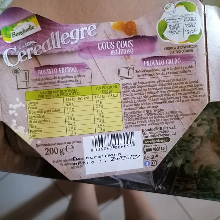 review photo of Bonduelle Cereallegre Cou Cous shared by @grifoneveganoferoce on 18 Jun 2022 - review