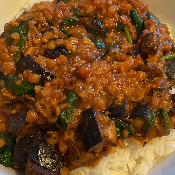 Hello fresh Red Lentil and Spinch Dal with Roasted Aubergine and Spinch