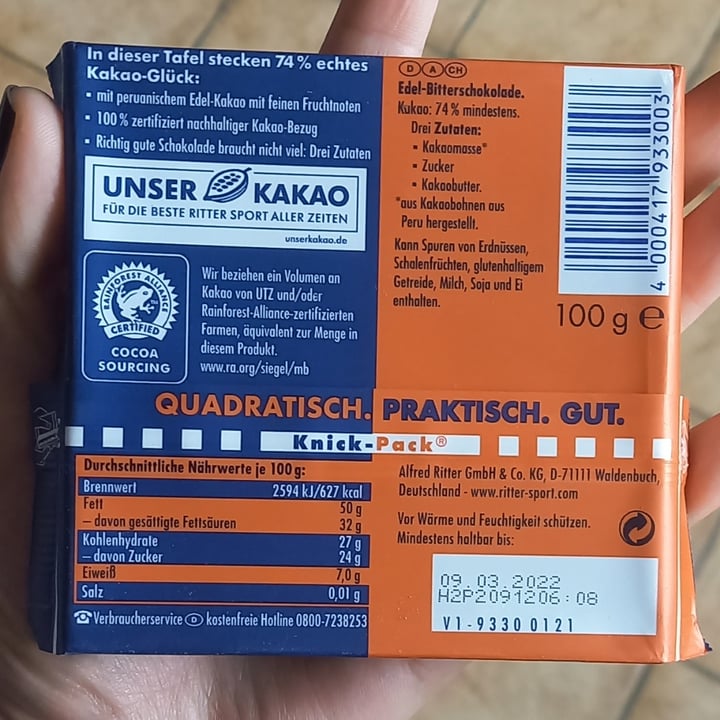 review photo of Ritter Sport Intense 74% Cocoa Dark Chocolate shared by @anameier on 28 Nov 2021 - review