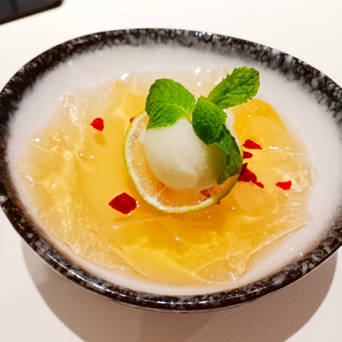 Chilled Aloe Vera with Grass Jelly topped with Lime Sorbet