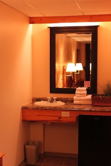 Sink area of a motel unit at Algoma Motel, Wawa, Ontario, Canada