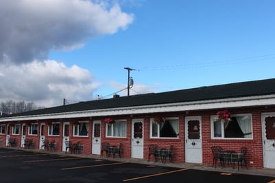 Exterior view of the entrances to the motel rooms at the Algoma Motel in Wawa Ontario
