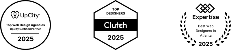 Industry awards and recognition from Clutch, UpCity, Expertise, and DesignRush