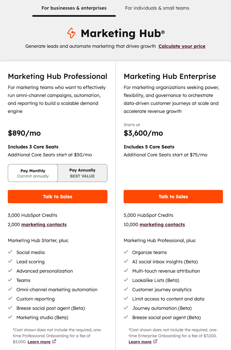 marketing hub pricing chart from HubSpot