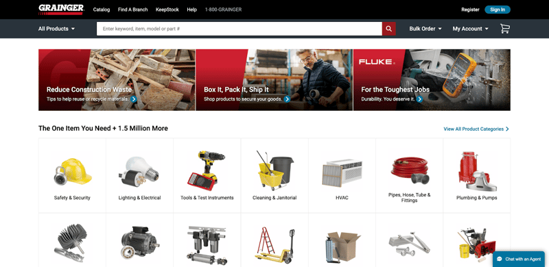 homepage of B2B company Grainger