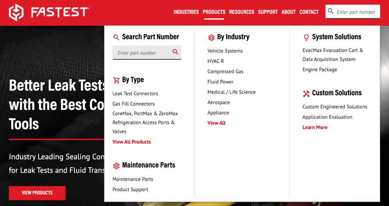 expanded "Products" navigation menu of Fastest's B2B website
