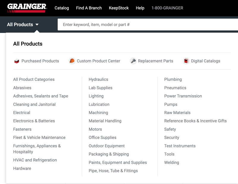 expanded "All Products" menu at Grainger.com