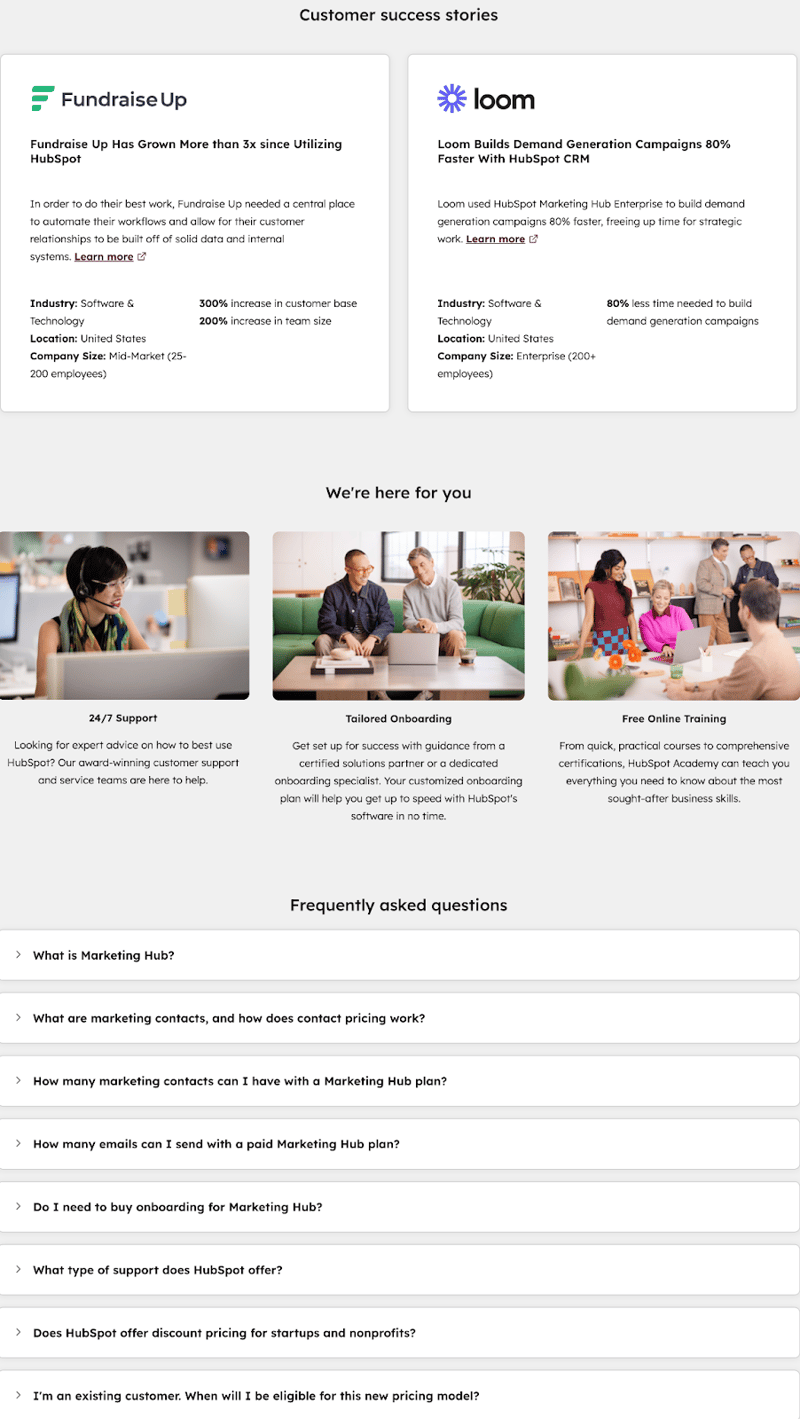 customer success stories on HubSpot's Marketing Hub pricing page