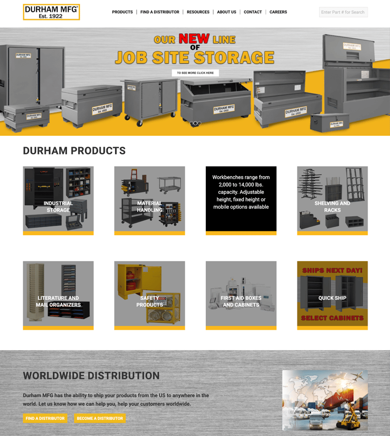 B2B manufacturing company Durham Manufacturing's product-focused homepage