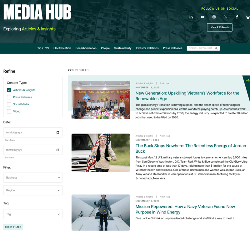 "Media Hub" web page of global energy company GE Vernova featuring blog articles and industry insights