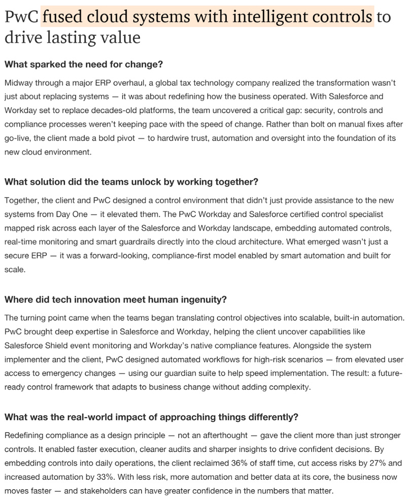 PwC Global's cloud ERP risk automation case study featuring the challenge, solution, innovation, and real-world impact