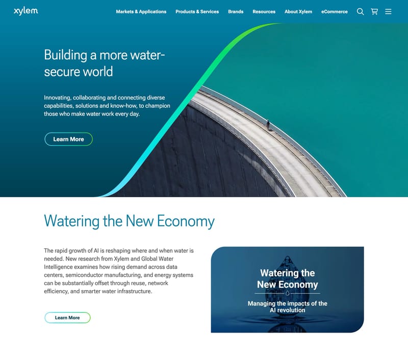 Xylem homepage showing the headline Building a more water-secure world with clean navigation and a prominent Learn More call to action