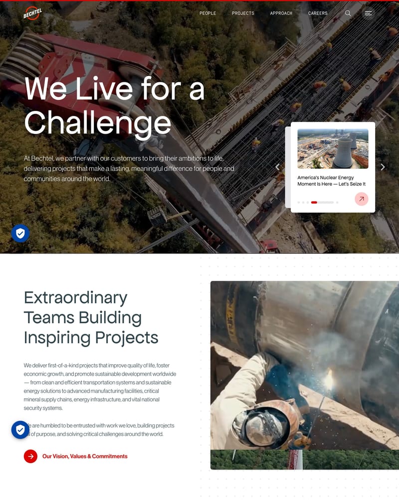 Bechtel homepage hero with large typography reading We Live for a Challenge over aerial photography of a major infrastructure project